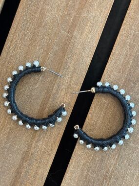 Black Raffia Wrapped Hoop Earrings with faux pearls